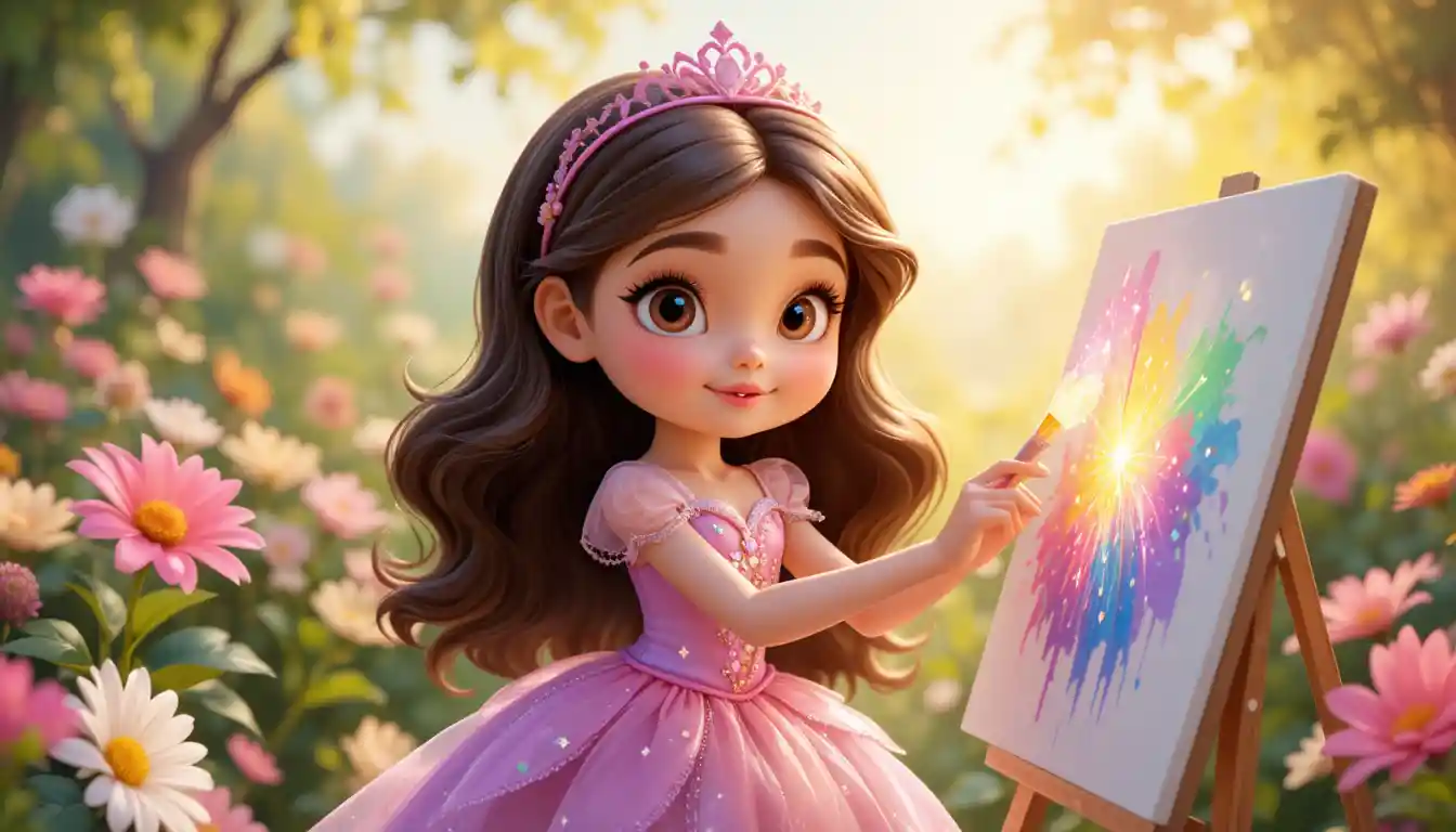 Cute young princess painting in a sunny flower garden