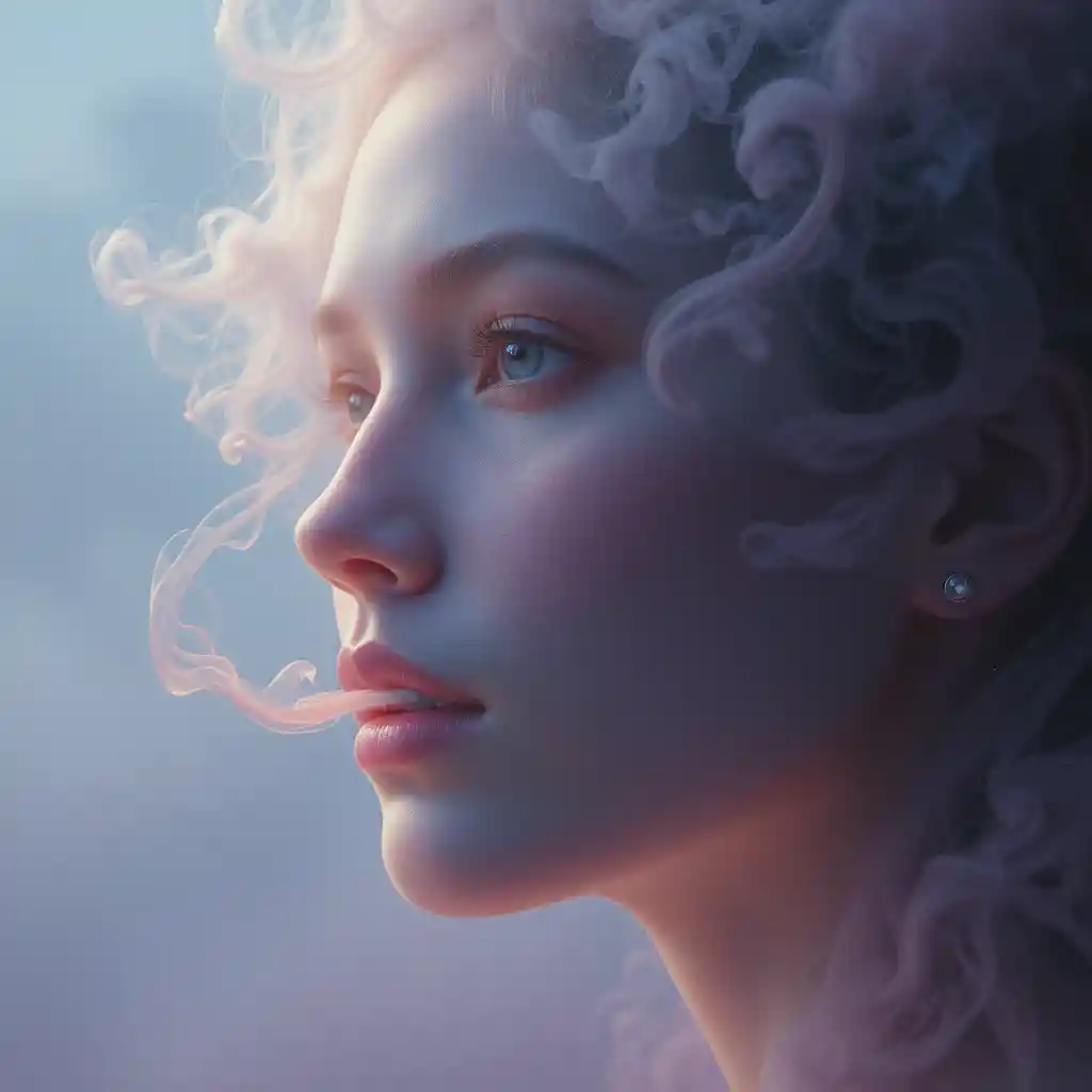 Human face emerging from curling smoke and soft pastel haze