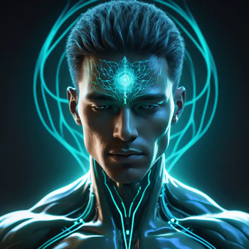 Retrato Masculino Futurista con Brillantes Líneas de Energía Turquesa