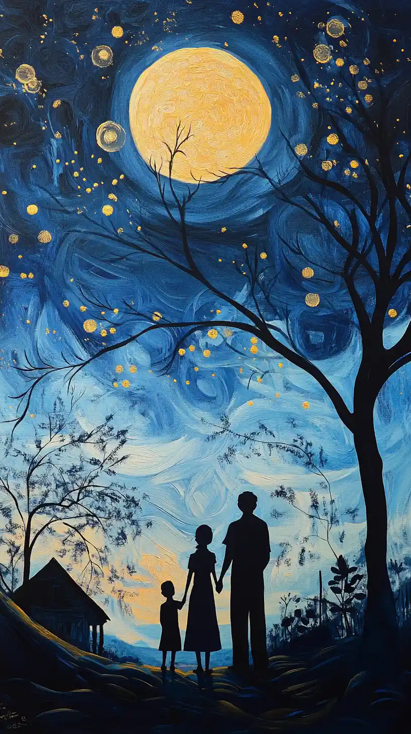 Family standing together under a peaceful moonlit night sky