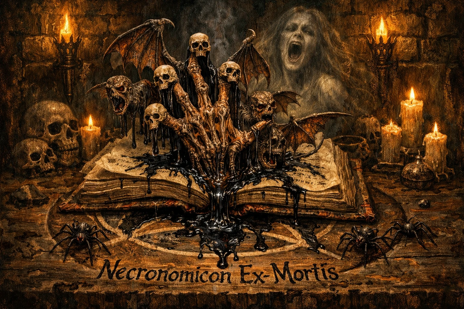 Dämonische Hand, die aus einem alten Buch auf einem Pentagrammtisch aufsteigt