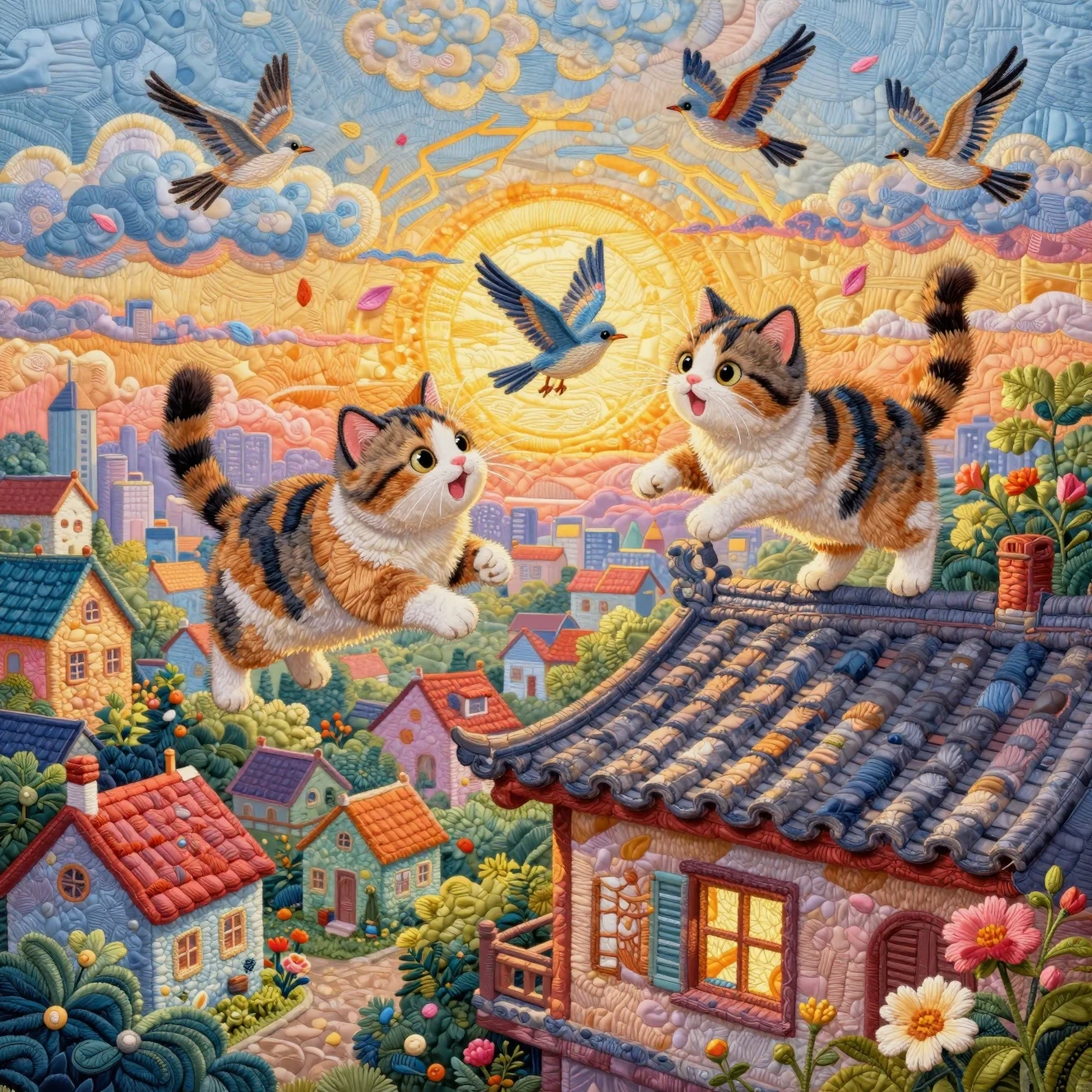 Divertidos gatos tricolores saltando por los coloridos tejados de la ciudad