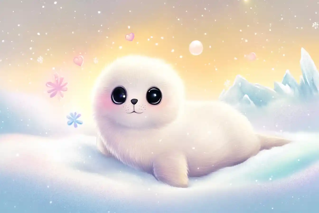 Cute baby harp seal illustration on sparkling snowy hill