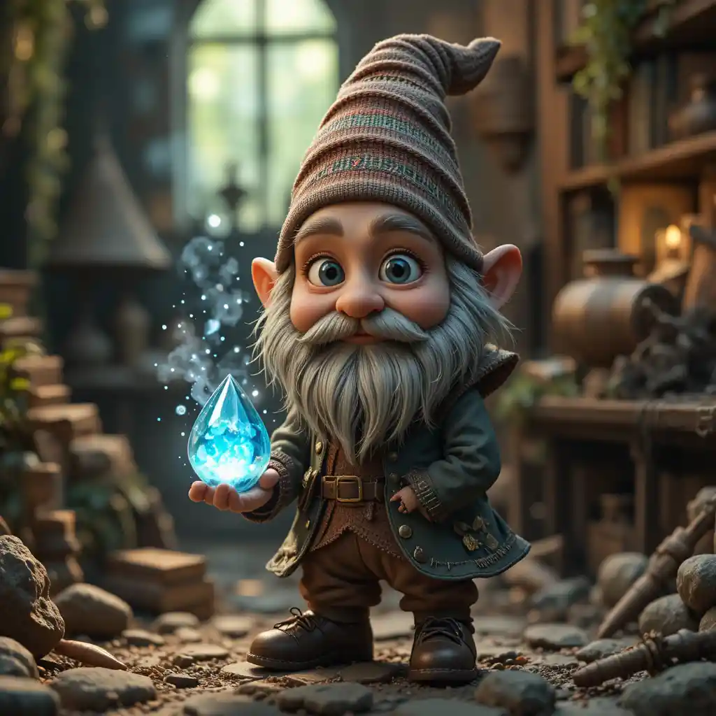 Grazioso gnomo 3D che tiene un cristallo magico luminoso