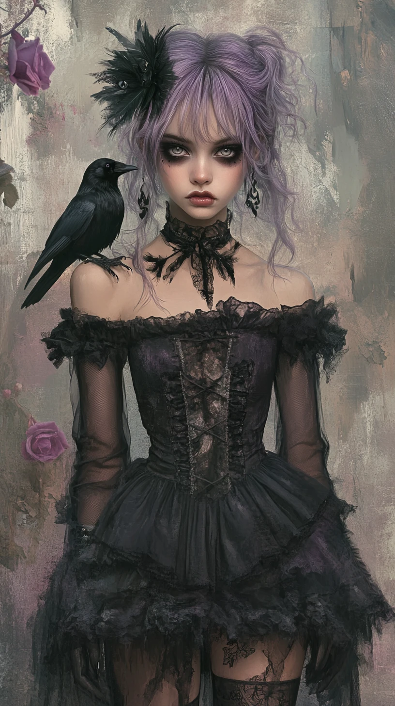 Gothic woman with raven in a vintage style garden