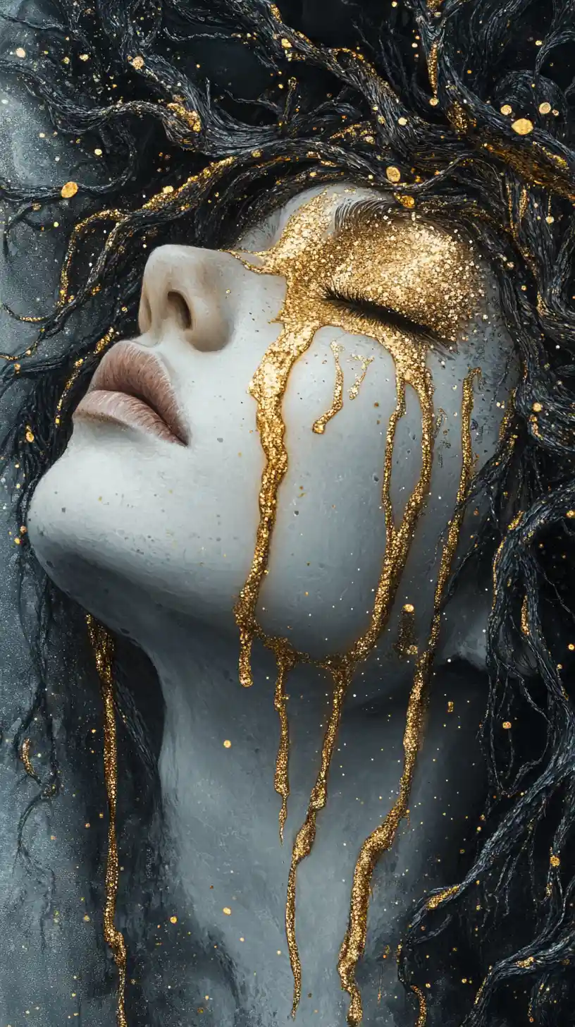 Woman in profile crowned with branches and dripping gold