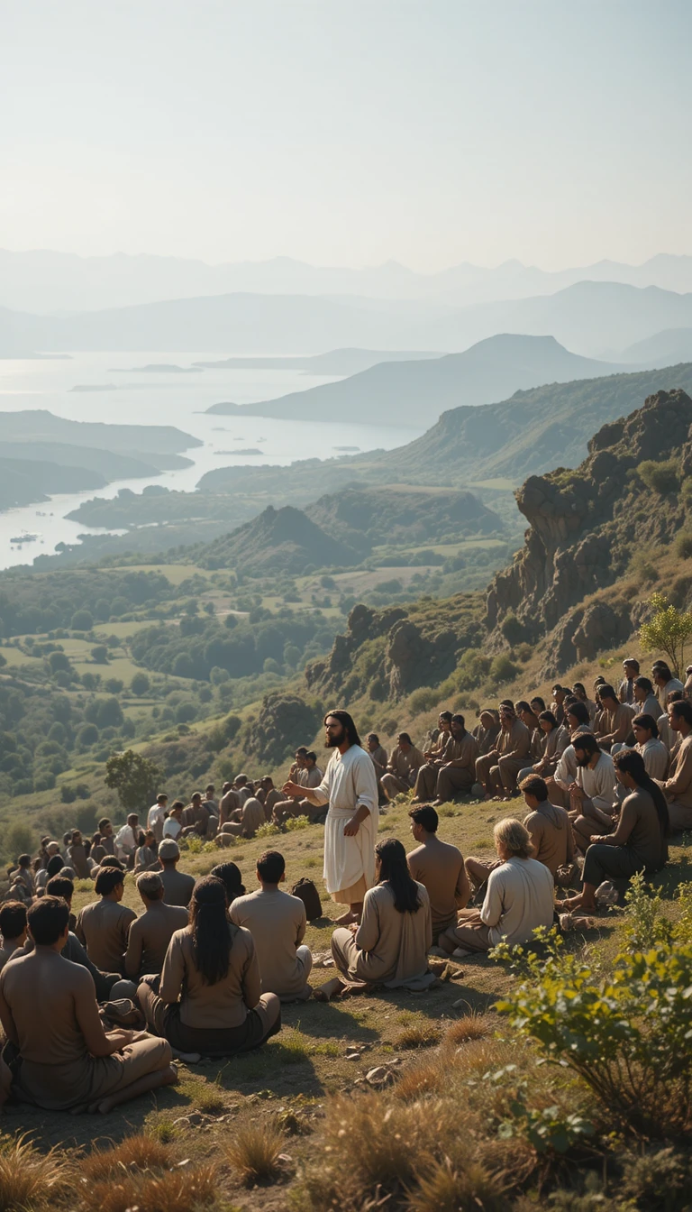 Jesus teaching a humble crowd on a quiet hillside
