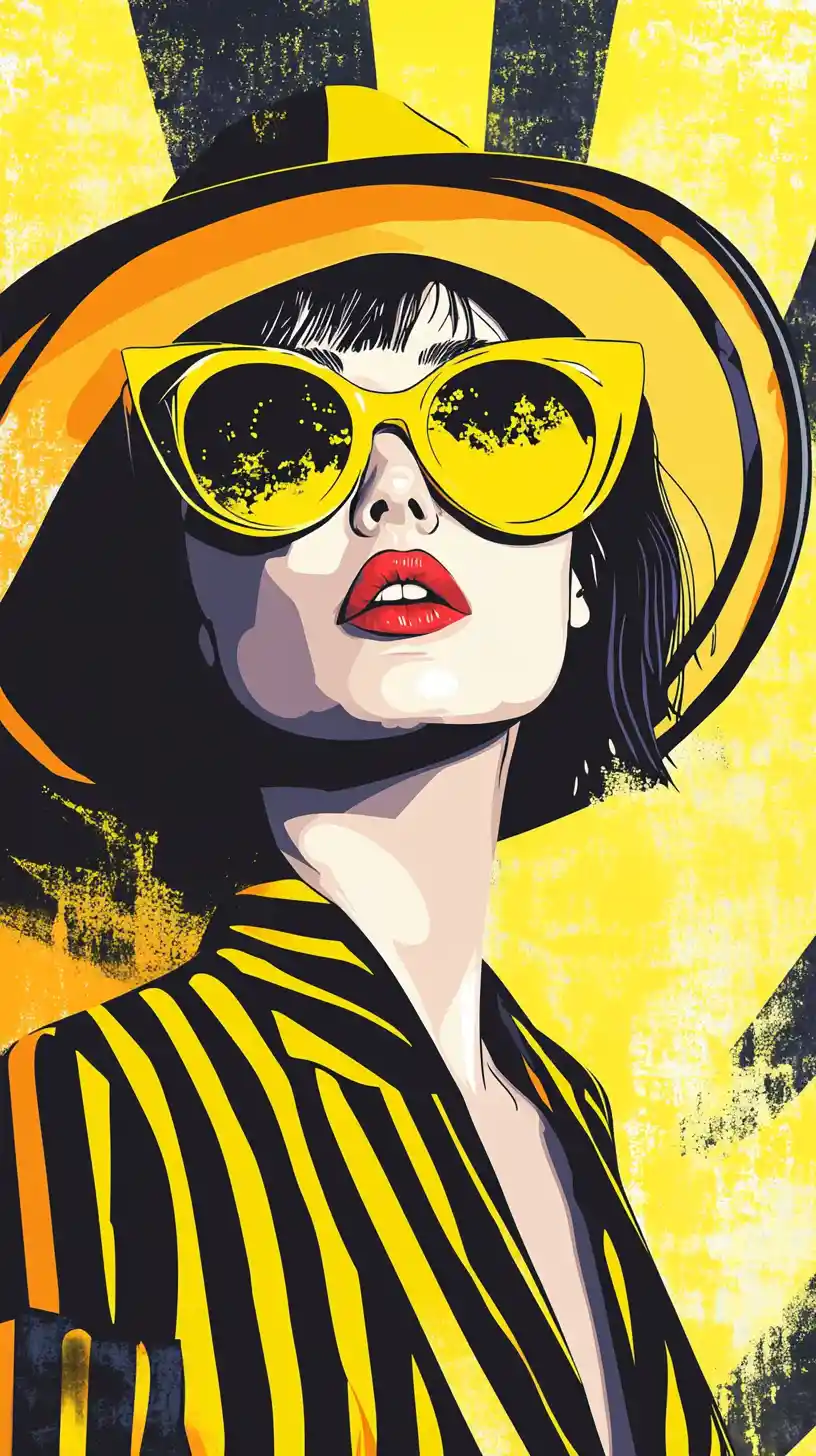 Stilvolle Frau im gelb gestreiften Pop-Art-Modeporträt