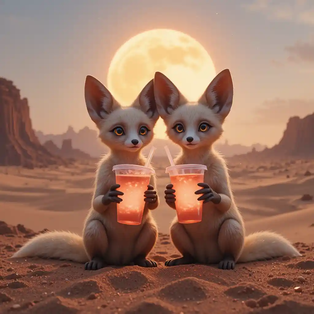 Whimsical fennec foxes with neon drinks in a desert