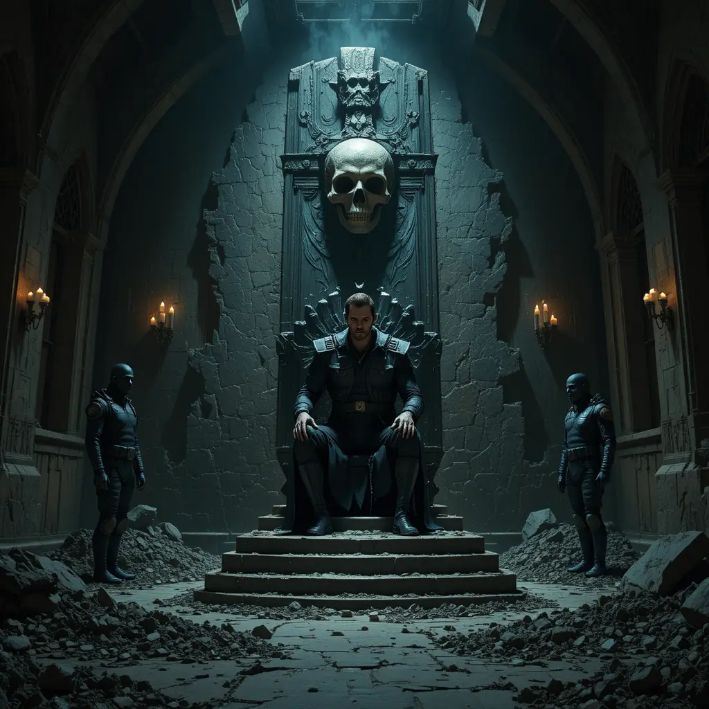Shadowed figure on a throne in a ruined war room