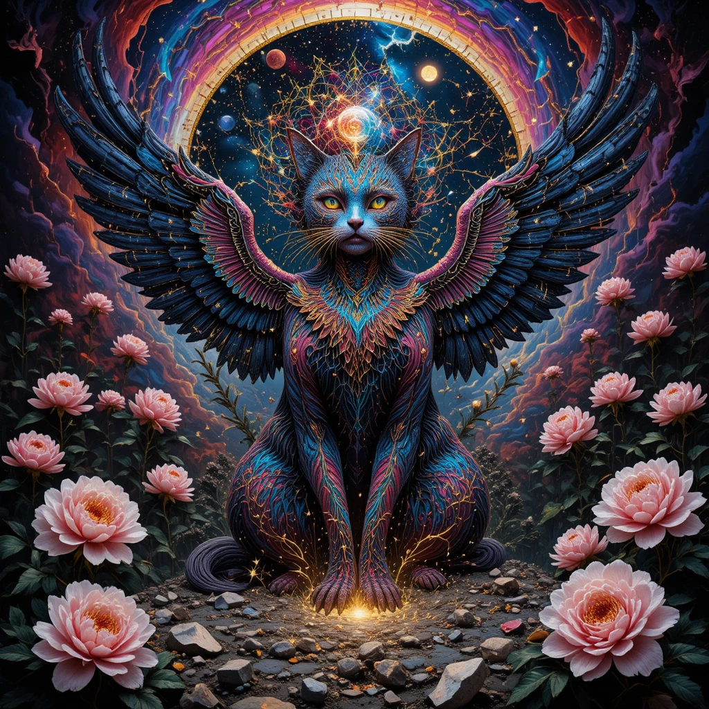 Gato Guardião Alado Psicodélico em Retrato de Nebulosa Cósmica