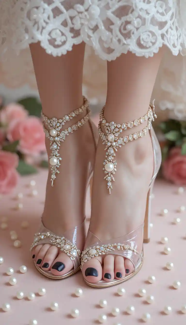 Nahaufnahme von Perlen-High Heels auf rosa Brautkulisse