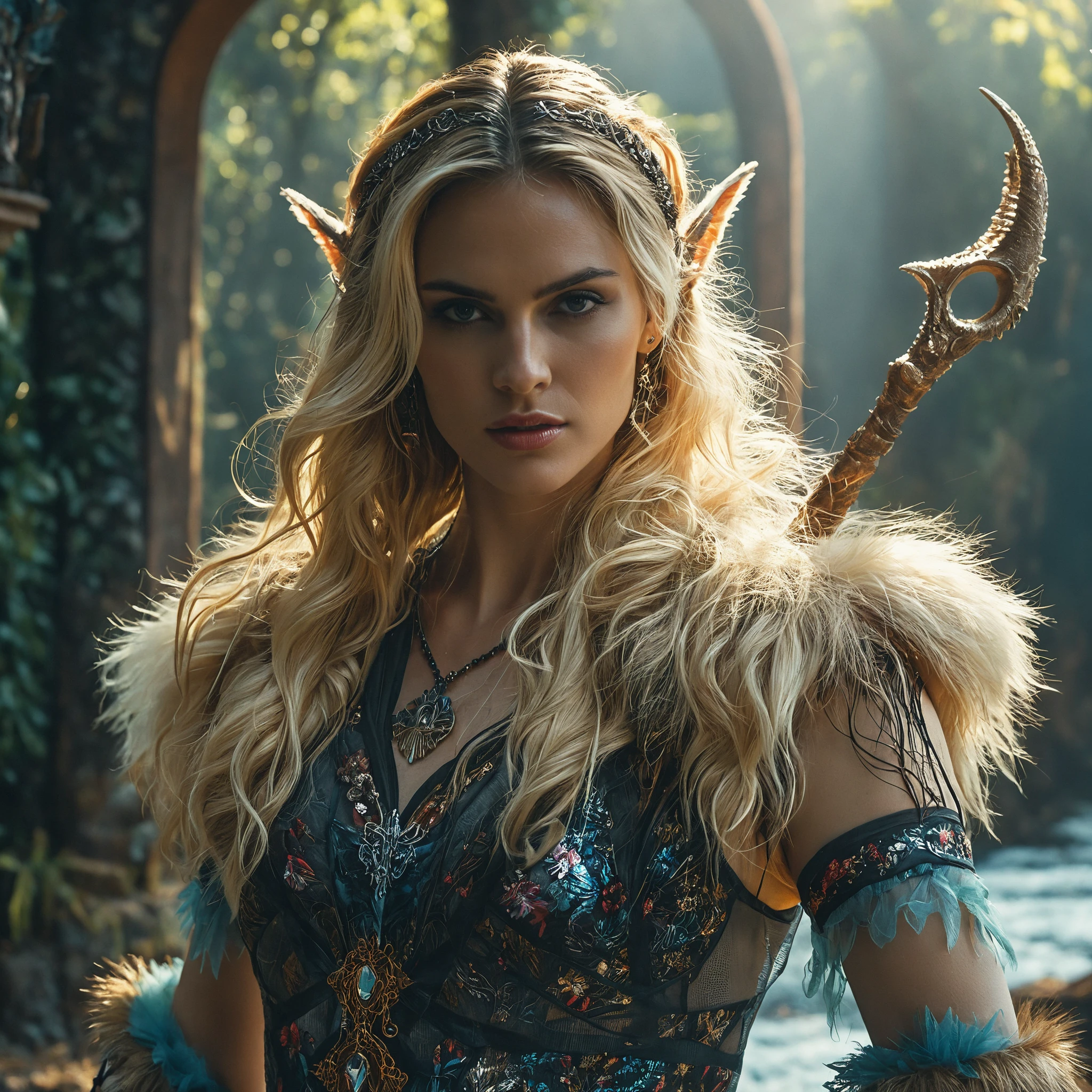 Donna gotica fantasy cinematografica in scena atmosferica al chiaro di luna