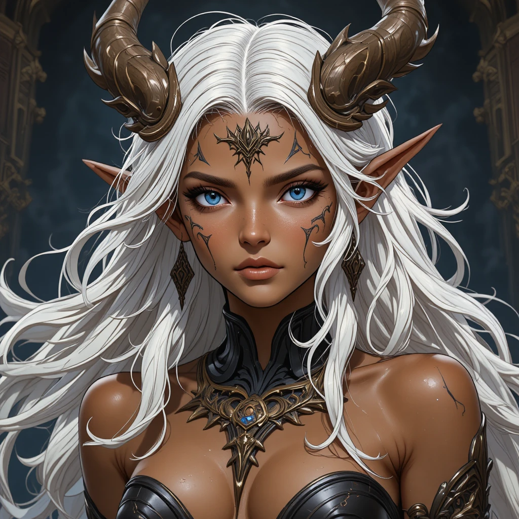 Reife Fantasy-Göttin mit gebräunter Haut und violetten Augen