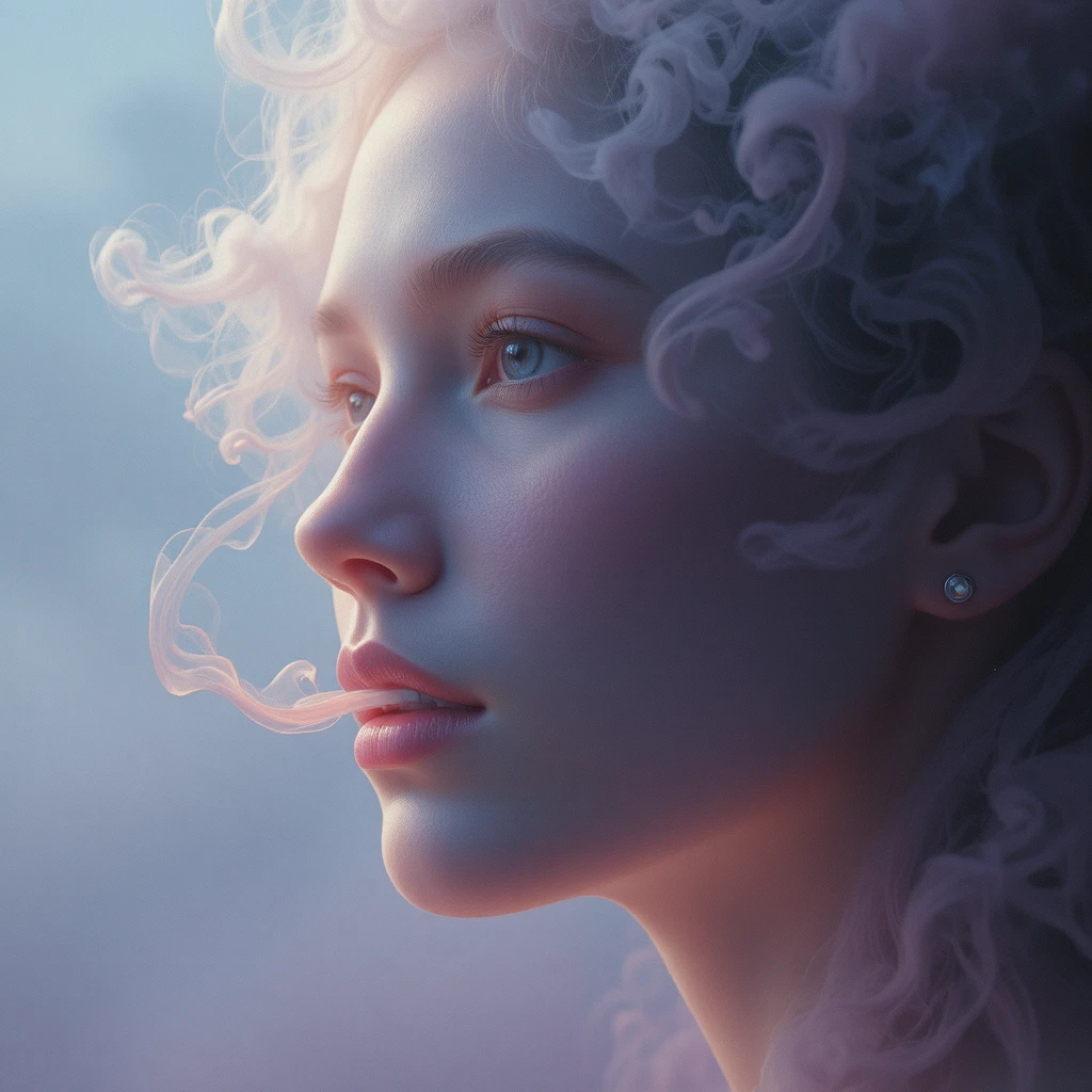 Visage humain émergeant d’une fumée tourbillonnante et d’une douce brume pastel