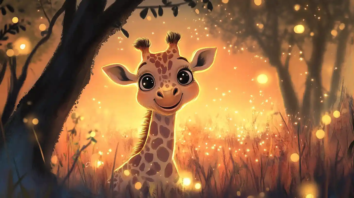 Cute baby giraffe behind glowing acacia at twilight