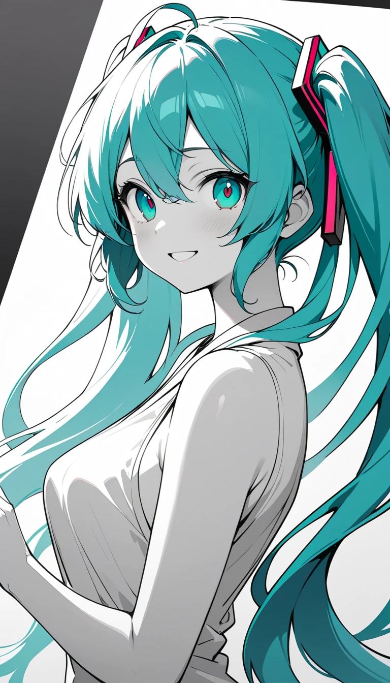 側面線稿的微笑雙馬尾動畫女孩