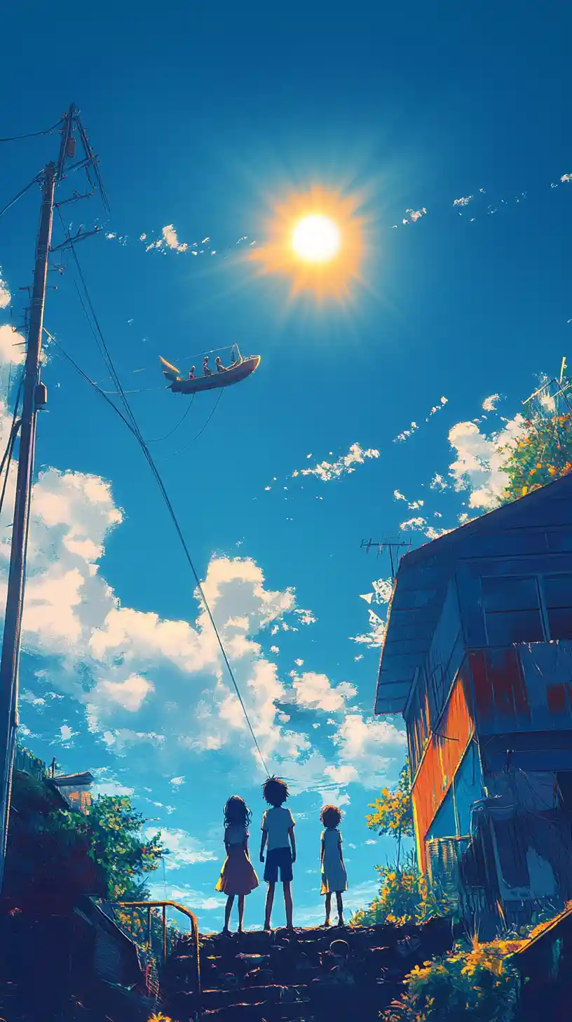 Anime family under blue sky beside their suburban home