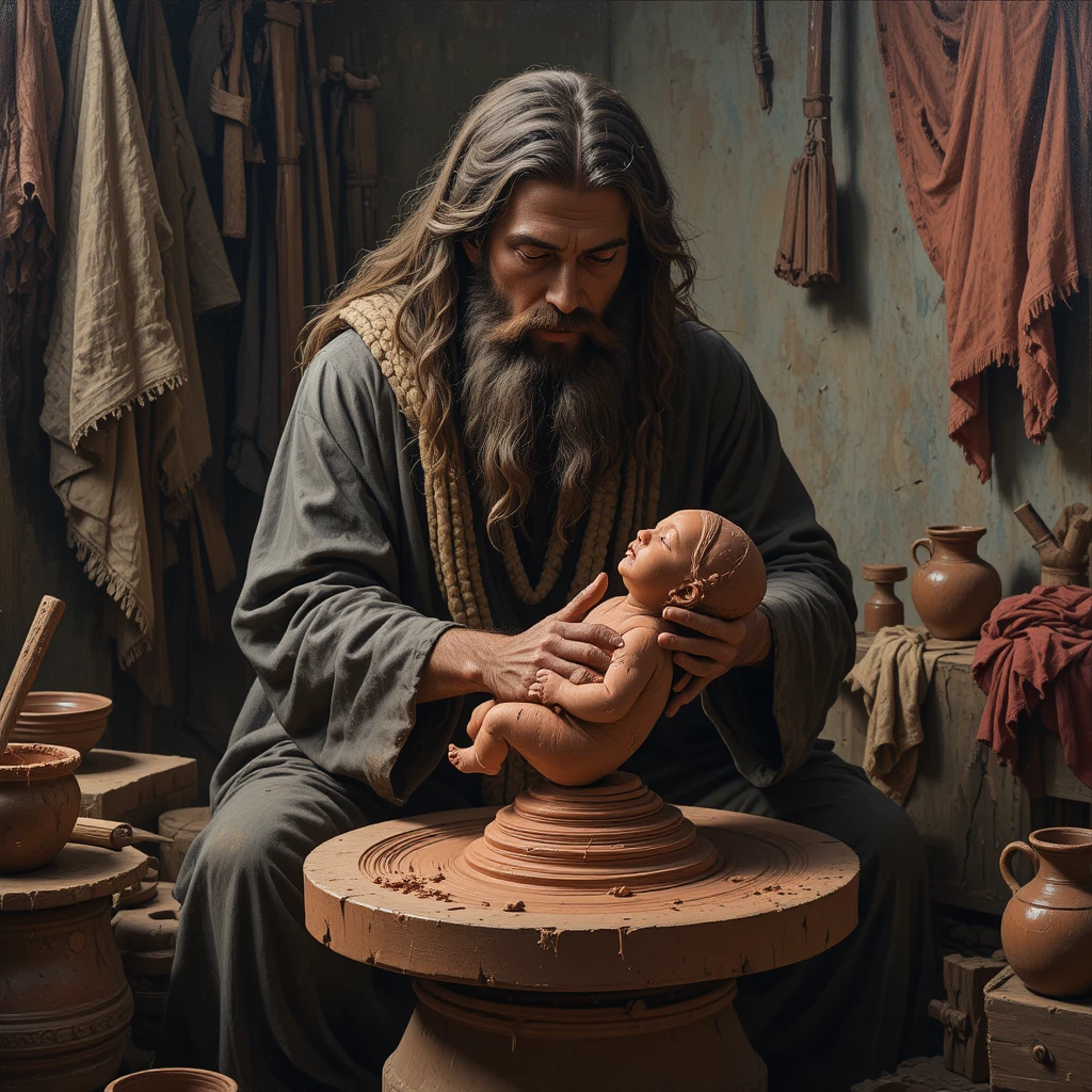 Bearded man shaping a baby statue from red clay