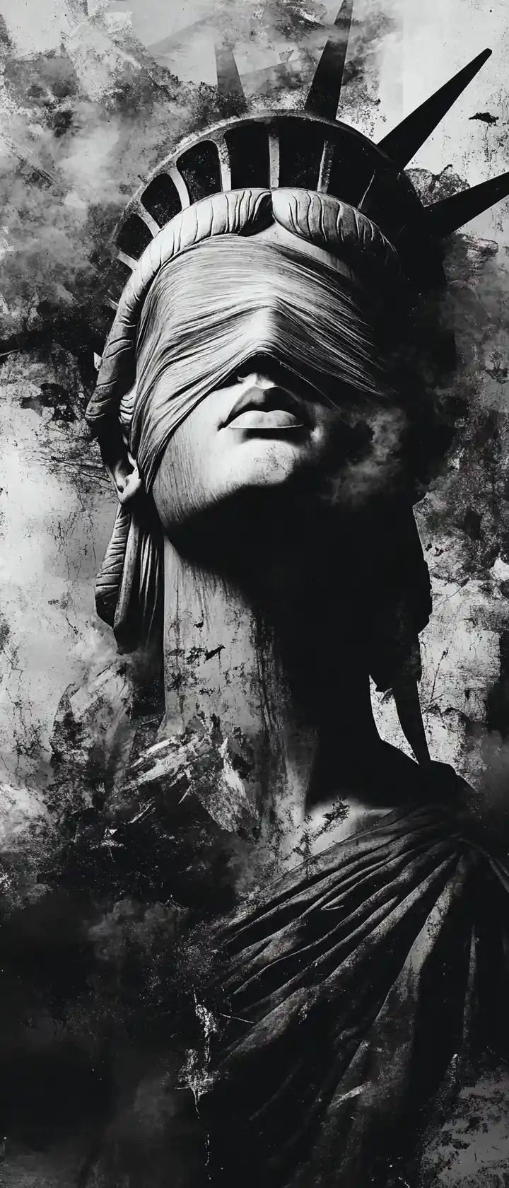 Statua della Libertà bendata in collage monocromatico frammentato