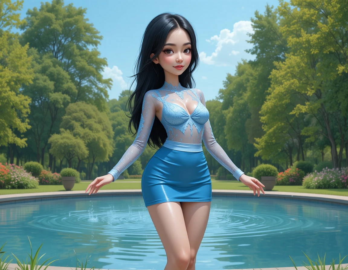 Barefoot woman in blue lace outfit by a park pond