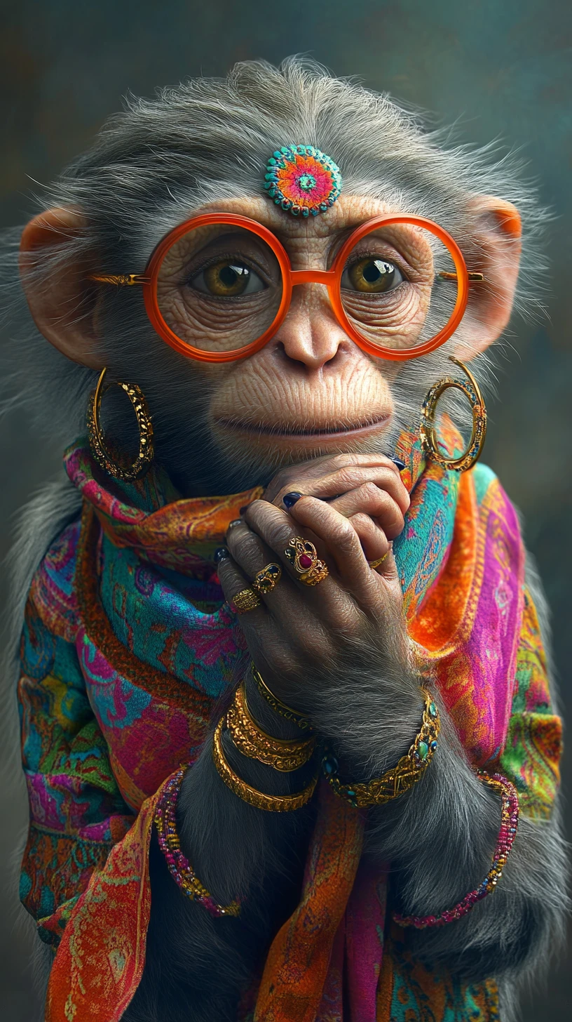 Stylish gray monkey portrait with glasses and scarf