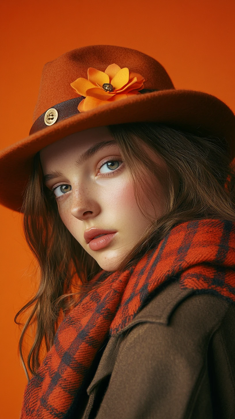 Portrait d’une jeune femme avec chapeau orange et écharpe rouge