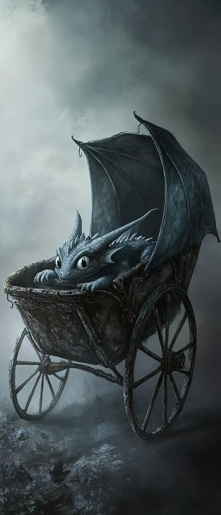 Baby dragon in a worn victorian pram in eerie moonlit mist