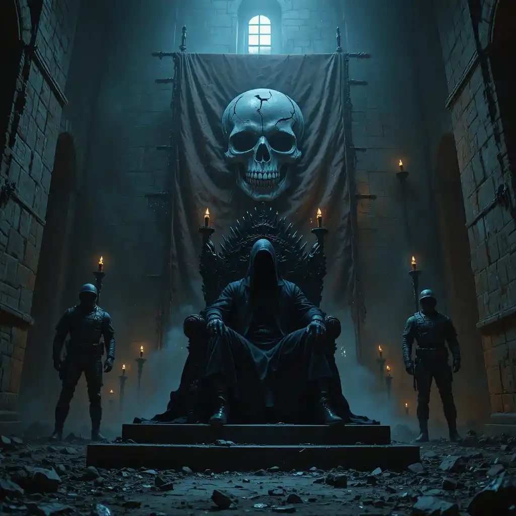 Shadow figure on a brutal throne in a ruined castle