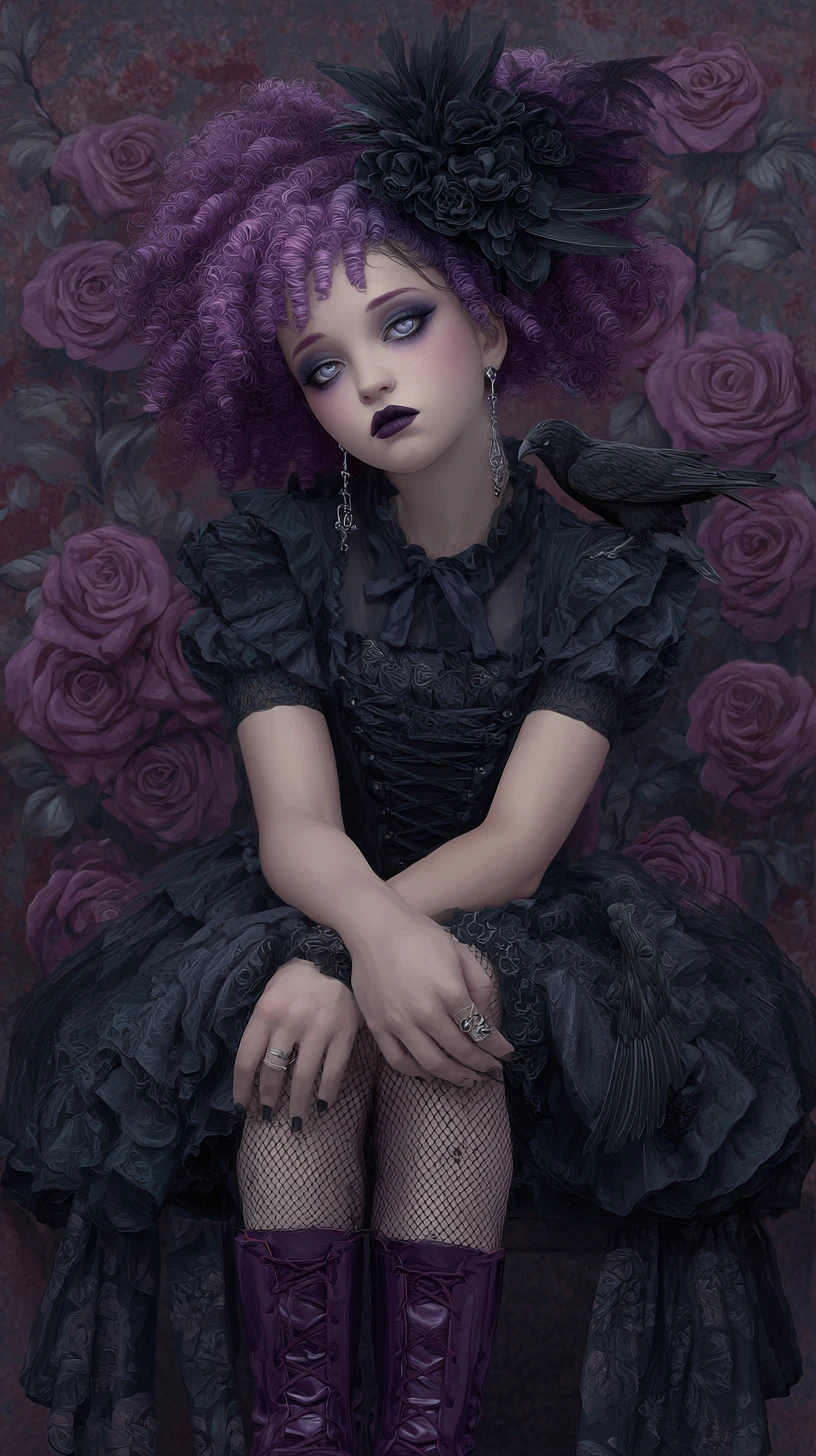 Gothic woman with raven in a dark enchanted garden
