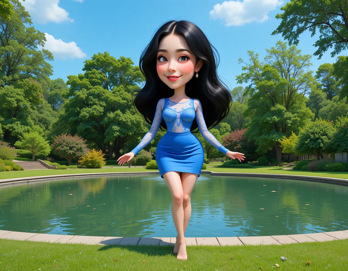 Barefoot woman in blue lace outfit by a quiet pond