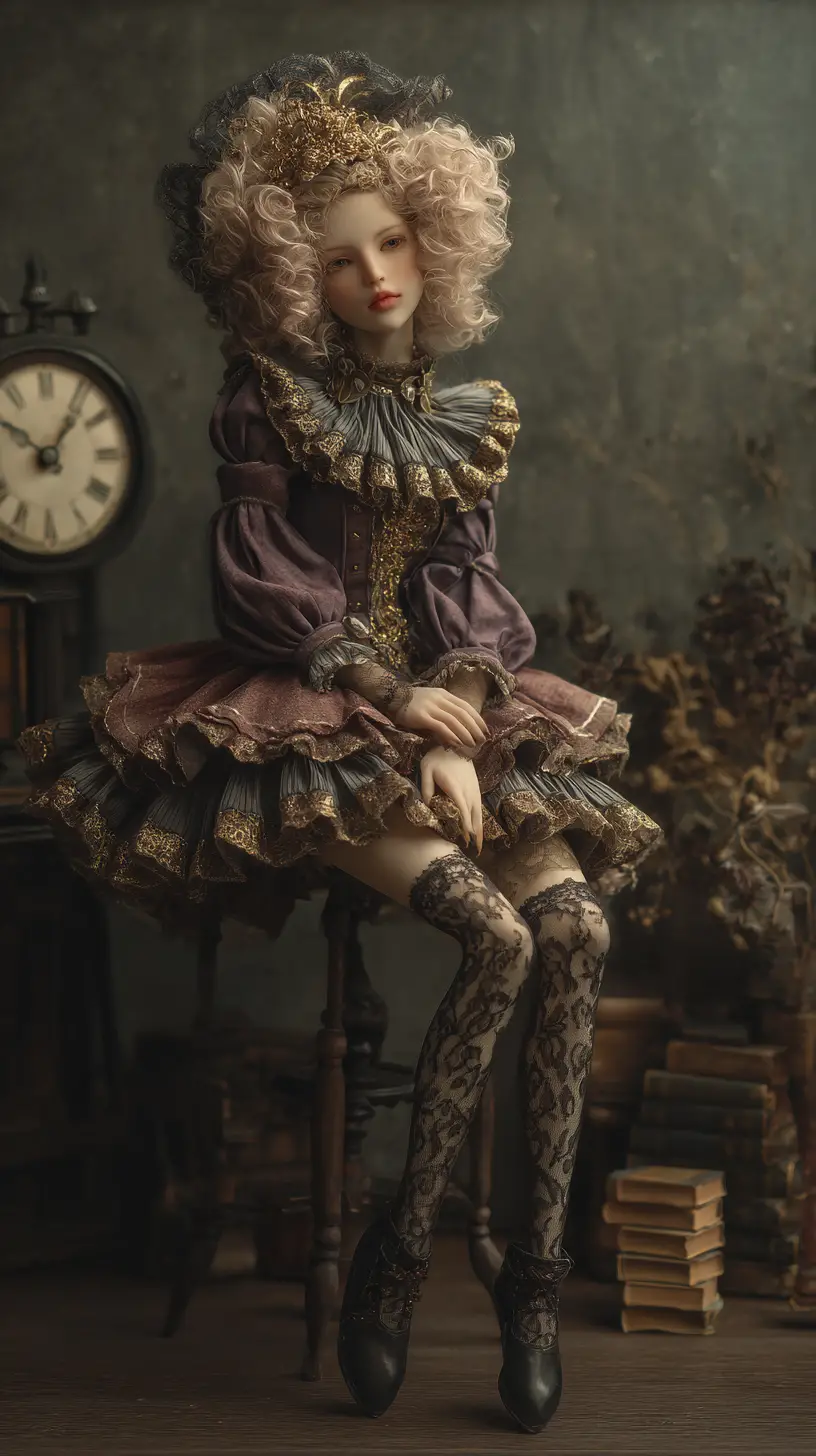 Porcelain doll in dim room with clocks and books