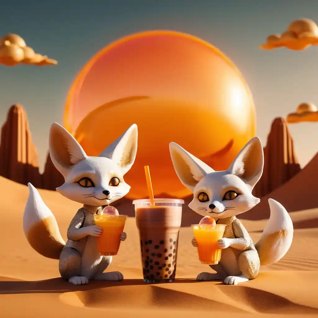 Fennec foxes sharing neon bubble tea in desert sunlight