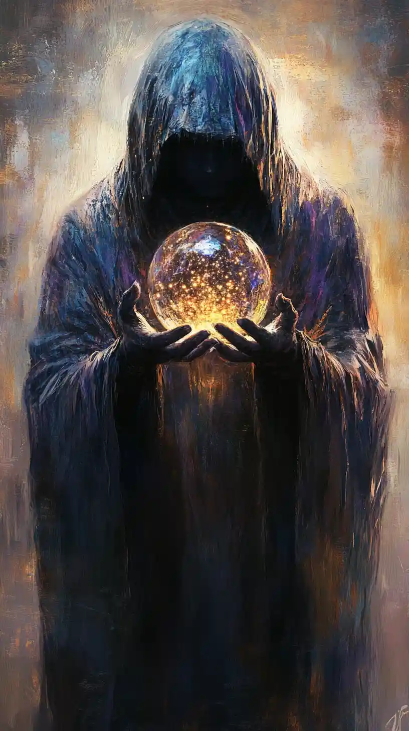 Hooded figure holding a glowing orb in soft mystical light