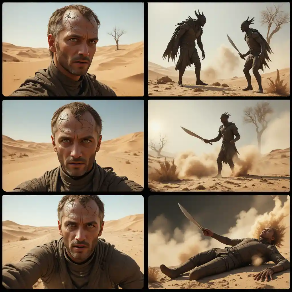 Lone man walking under harsh sunlight in endless desert