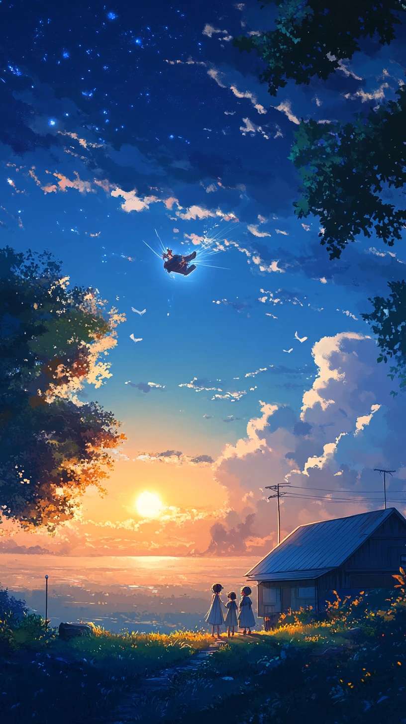 Anime family standing together under a bright blue sky