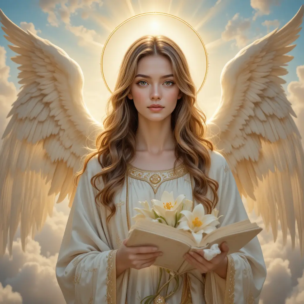 Serene angelic woman with halo and glowing wings