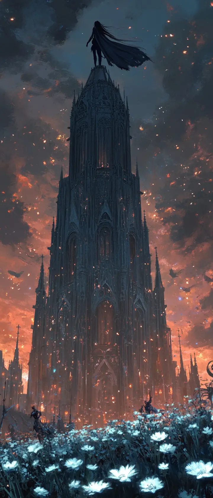 Superheroína de pelo oscuro en una iglesia gótica al atardecer