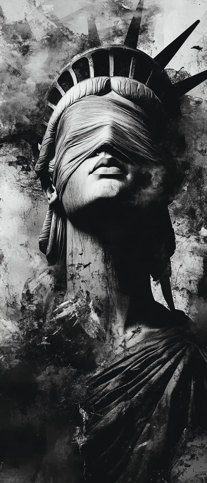 Statua della Libertà bendata in collage monocromatico frammentato