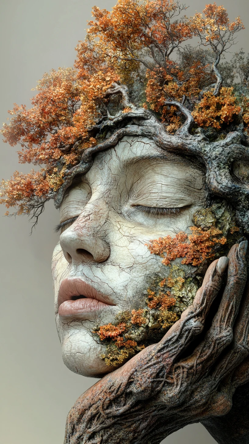 Volto femminile surreale che si fonde con alberi autunnali e nuvole