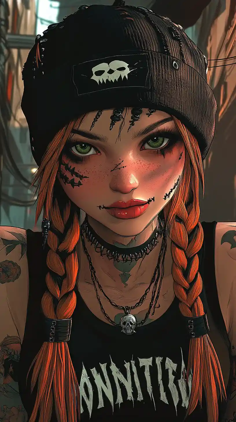 Gothic girl with braided hair and skull beanie portrait