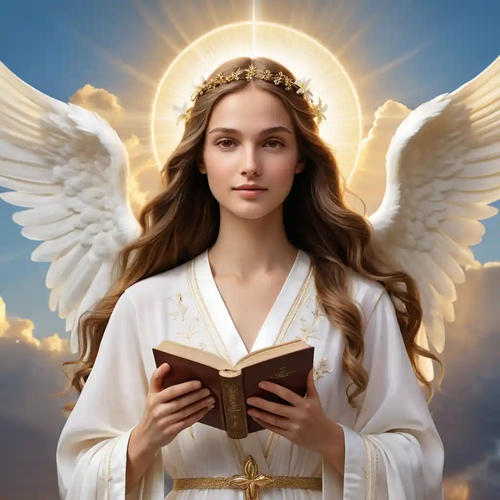 Serene angelic woman with halo and wings in light