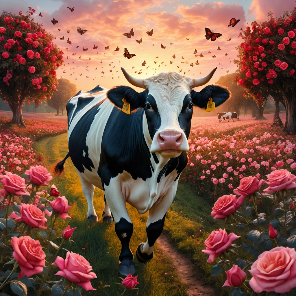Vaca impresionista corriendo por un prado de rosas escarlatas al atardecer