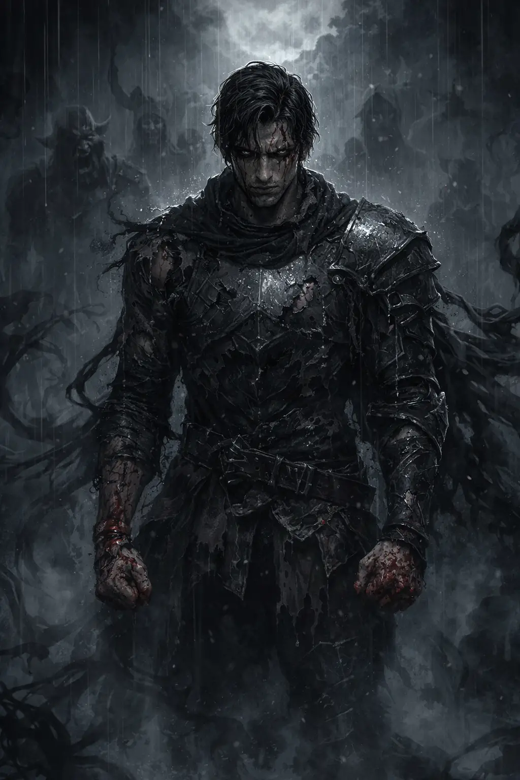 Bloodied warrior standing alone in the rain at night