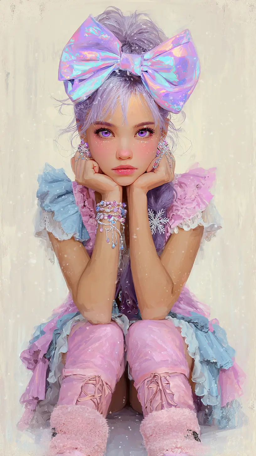 Lavender Haired Anime Girl In Colorful Winter Dress