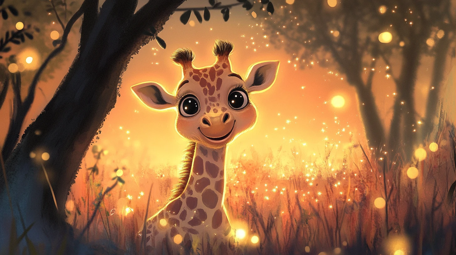 Cute baby giraffe behind glowing acacia at twilight