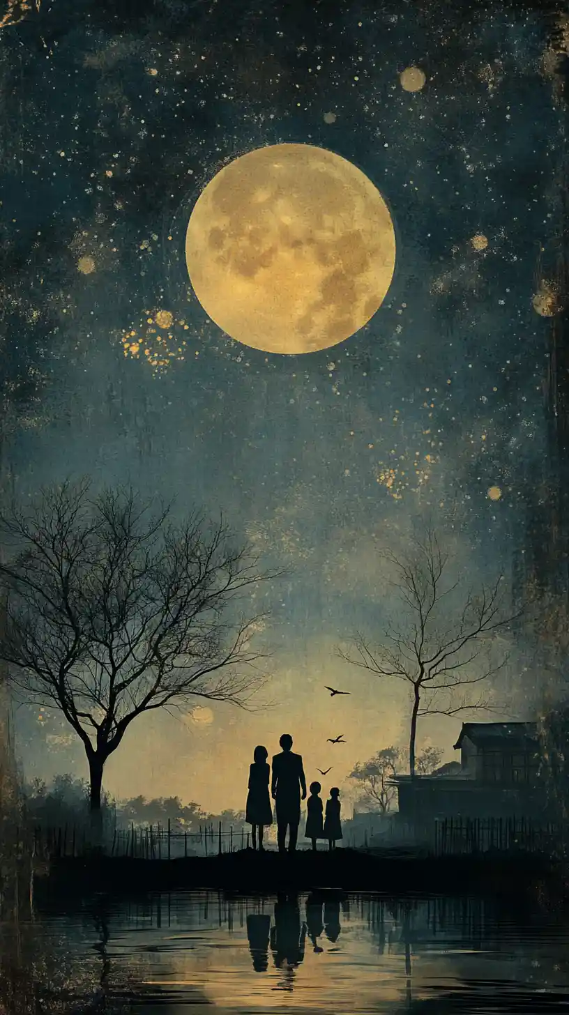 Family standing together beneath a peaceful starry night sky