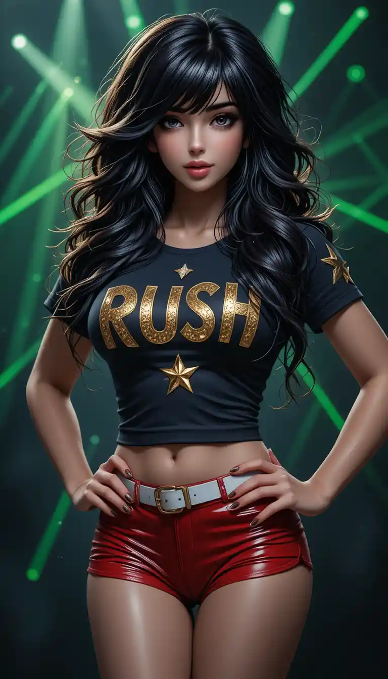 Busty woman in band shirt posing on laser lit stage
