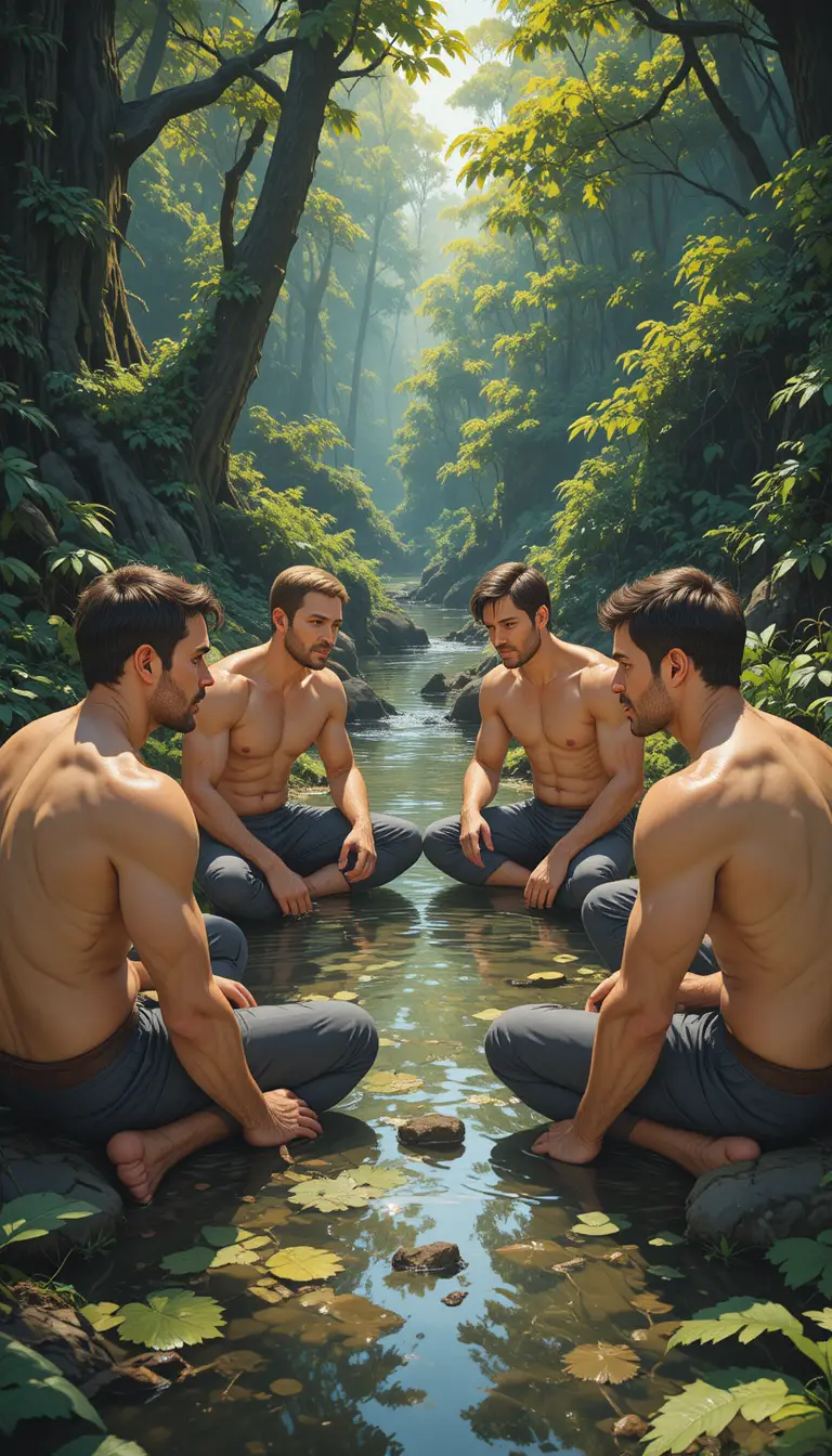 Shirtless men resting by a forest stream in soft sunlight