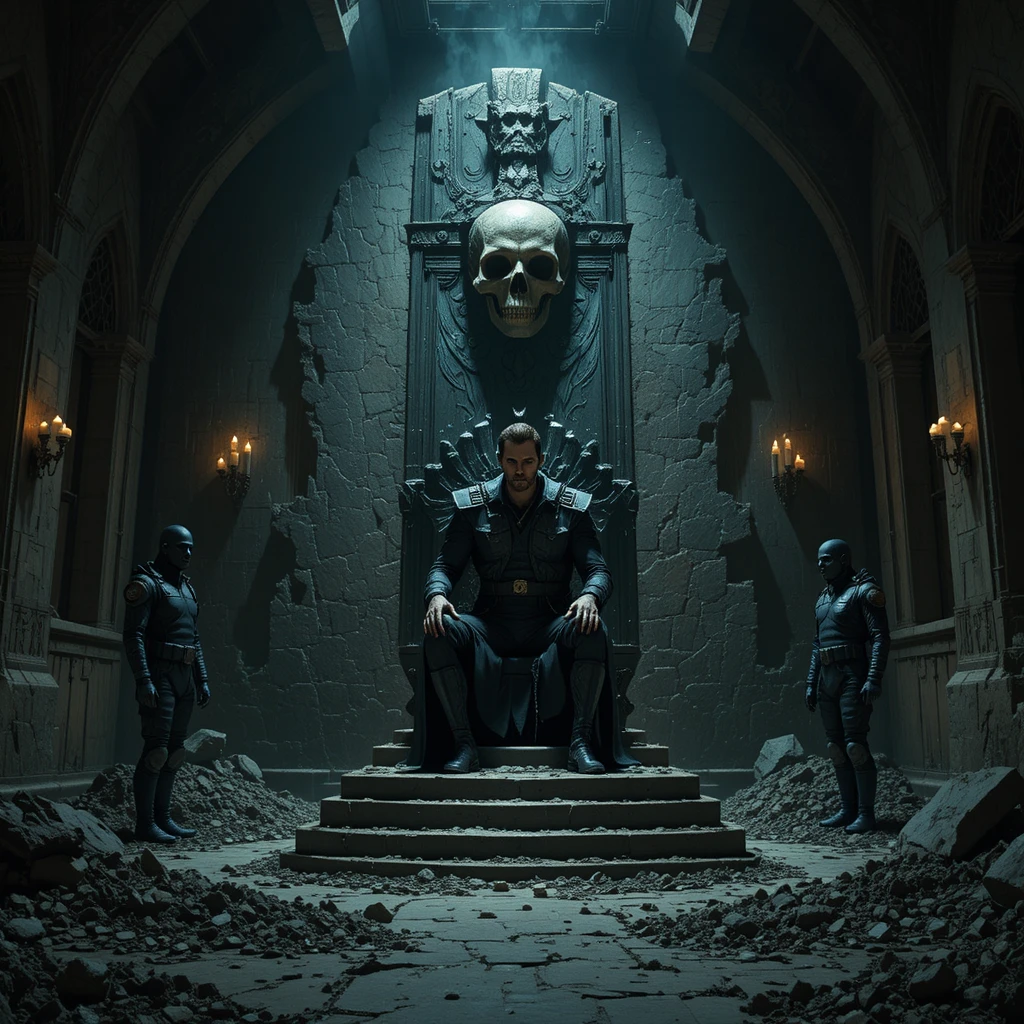 Shadowed figure on a throne in a ruined war room